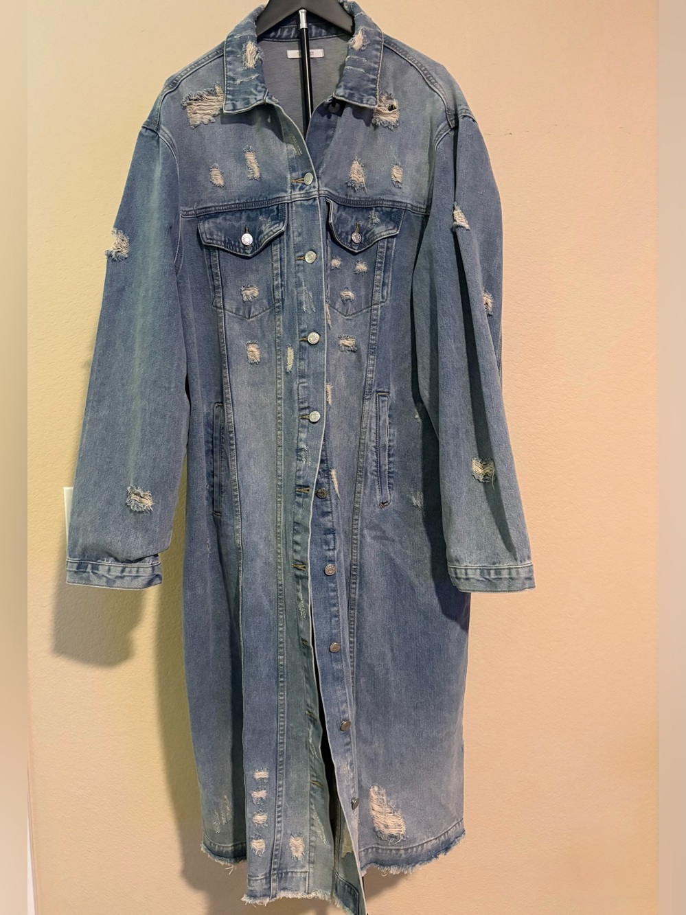Light Blue Distressed Longline Denim Jacket